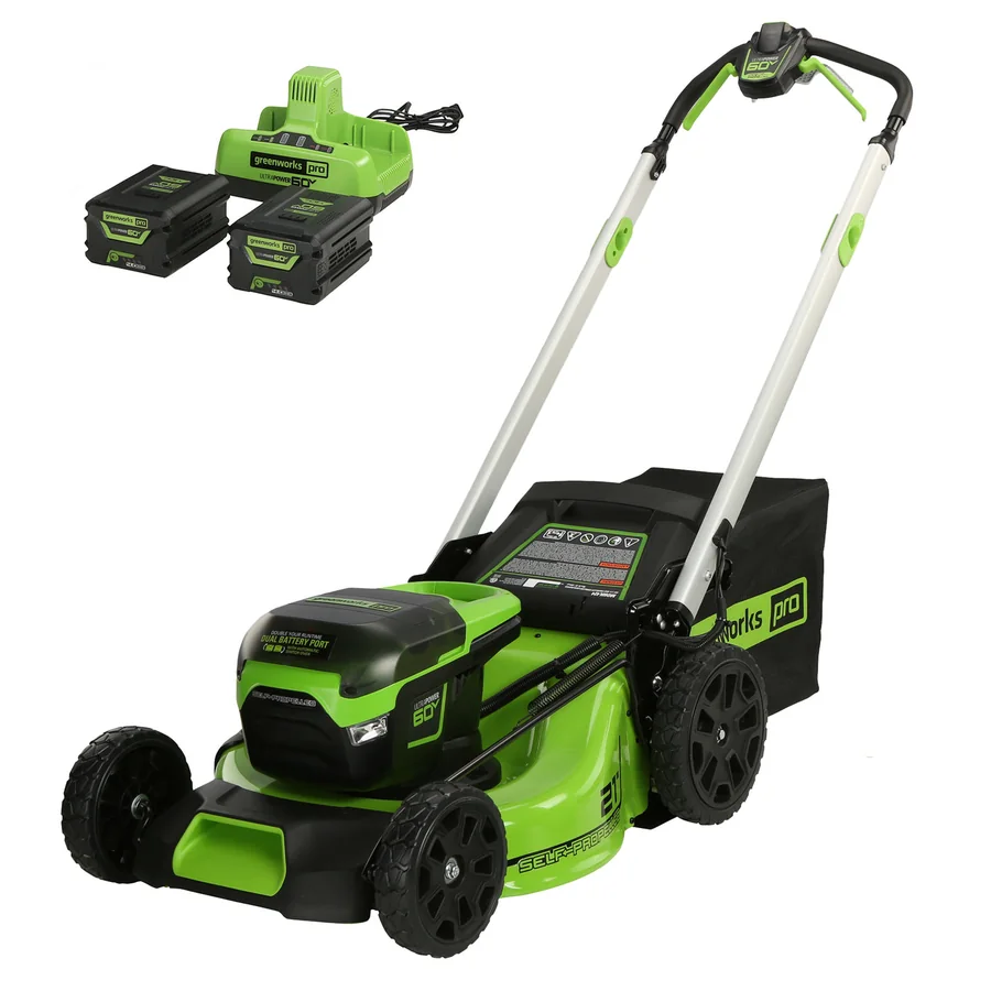 Greenworks MO60L424 self-propelled mower kit with two 60V4Ah batteries and dual-port charger