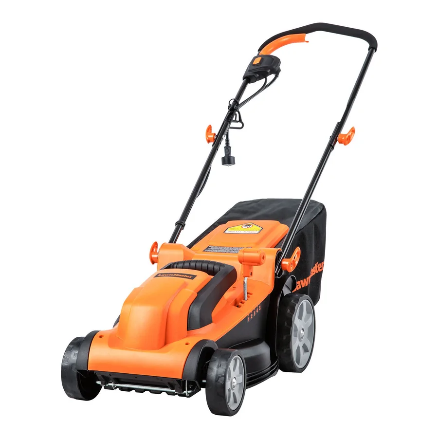 LawnMaster MEB1114K orange and black corded mower with grass collection bag